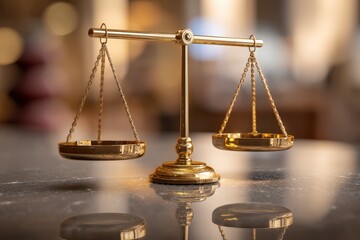 A gold scale with two scales on either side of a gold pole. The scales are empty. Concept of balance and impartiality