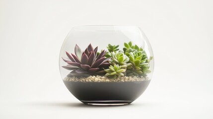 A minimalist terrarium with a single large succulent in green and purple tones on a white background.
