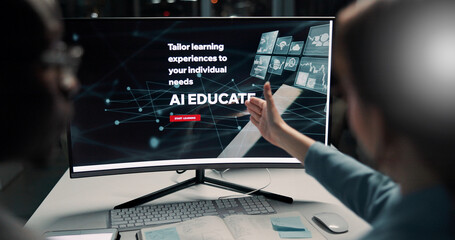 Night, colleagues and pointing at computer screen, office and ai researcher with software and...