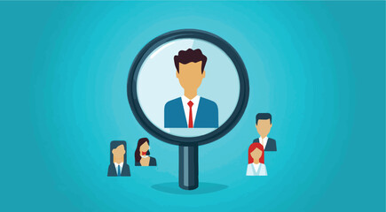 vector Magnifying Glass Showing a Businessman's Portrait in a Group of People