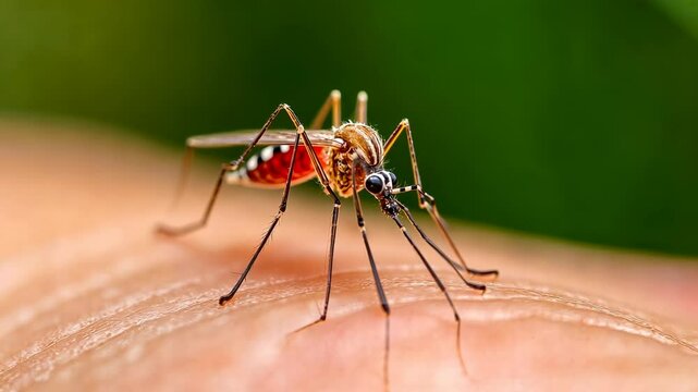 Mosquito, insect bite, disease transmission. Pest control. Skin swells from mosquito sting. Malaria spread prevention strategy. Public health improves with awareness.