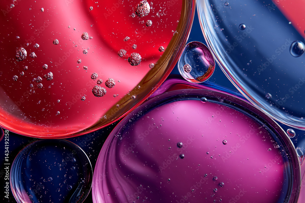Poster abstract image of colorful liquid bubbles, red, purple, and blue hues, creating a vibrant and dynami