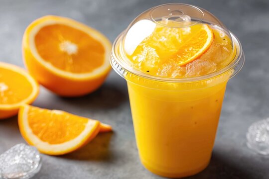 Freshly squeezed orange juice beverage in a clear plastic cup.