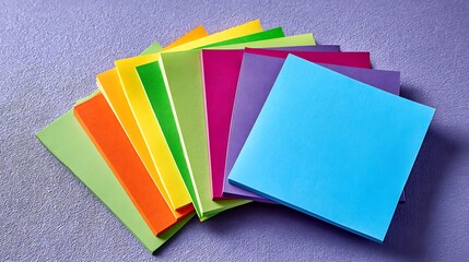 A fan of colorful sticky notes on a purple surface