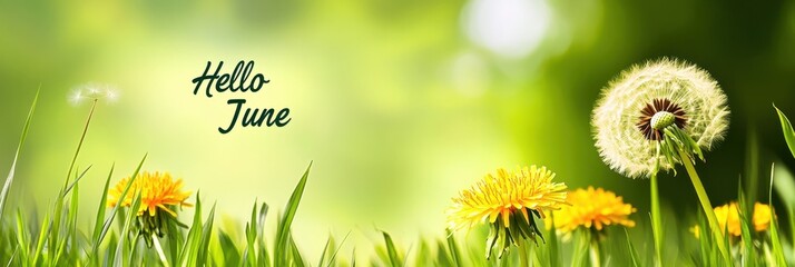 The yellow dandelions in the grass with the text "Hello June" on a sunny background Generative AI
