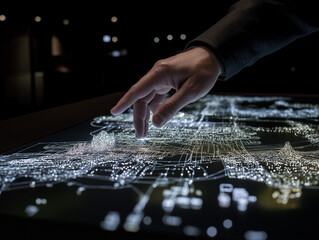 a hand interacting with a holographic interface