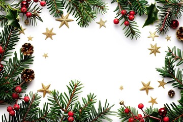 Holiday greenery star ornaments pine cones and bright red berries border white space