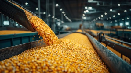 Corn flows into a conveyor belt inside a factory