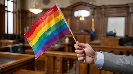 A hand raises a rainbow flag inside a courtroom, standing strong for LGBT rights and justice.