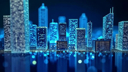 Interactive display, smart city, urban technology. Digital infrastructure. Buildings network increases efficiency. Streets illuminate through sensors. Technology growth supports city planning.