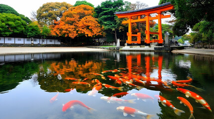 Serene pond with vibrant koi fish swimming beneath a traditional red torii gate surrounded by autumn foliage
