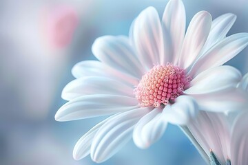 Fototapeta premium Delicate white flower with pink center against a soft blue and pink background