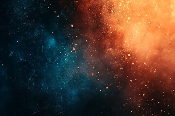 Obraz premium Cosmic abstract with glowing orange and blue particles blending in space, creating a dynamic, fiery effect.