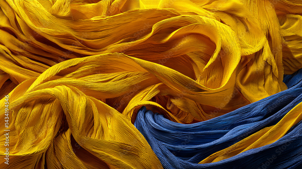 Poster abstract image of yellow and blue fabric texture, showing folds and ripples, suggesting movement and