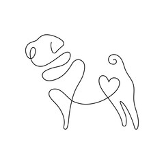 One line pug dog silhouette. Pug dog breed hand drawn minimalism style vector illustration design.