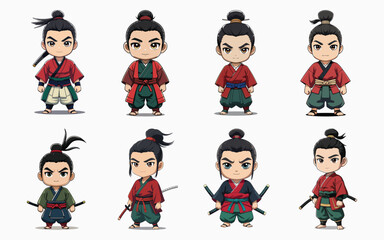 Cute Chibi Samurai Man Icon in Traditional Armor with Sword and Headband