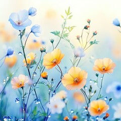 Naklejka premium Soft light illuminates a field of delicate blue and yellow wildflowers, glistening with morning dew. A serene and peaceful springtime scene.