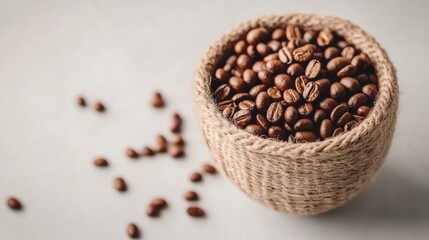 Fototapeta premium High-speed capture of coffee beans falling, rustic roasted beans on white background generative ai