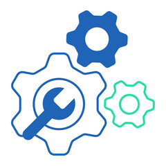 Technical Gear Configuration. Multiple gear icons with wrench for system and software setup tasks