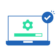 Software Setup Confirmation. Laptop screen with progress bar and checkmark for completed installation