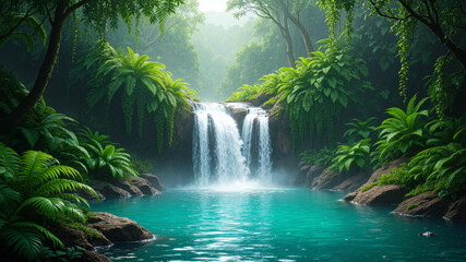 The image shows a lush green forest with a waterfall cascading down the rocks in the middle. The trees and plants are lush and vibrant