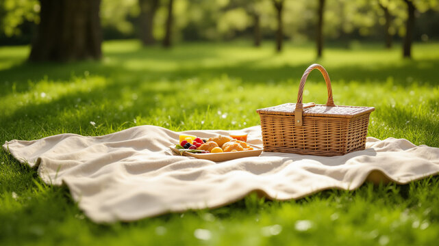 The image shows a picnic basket filled with food sitting on top of a blanket in the grass
