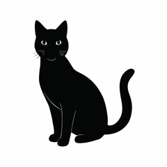 A silhouette of a black cat walking against a stark white background. The minimalist design emphasizes contrast and elegant feline motion.