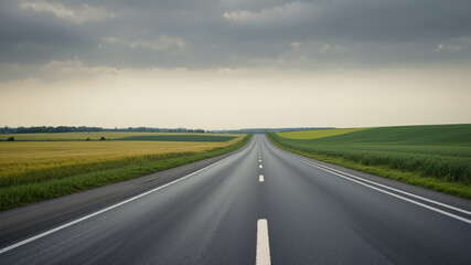 Fototapeta premium The image shows an empty road winding through a lush green field
