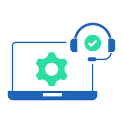 Laptop with Support Settings. Laptop screen with gear and headset for technical configuration support
