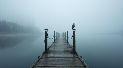 Obraz premium The image shows a bird perched atop a wooden pier in the middle of a foggy lake