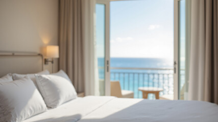 Fototapeta premium The image shows a bedroom with a large bed with white bed sheets and pillows