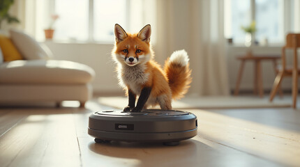 The image shows a red fox standing on top of a robot vacuum cleaner on the floor