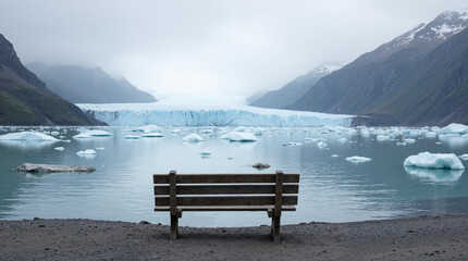 The image shows a wooden bench sitting on top of a beach next to a body of water