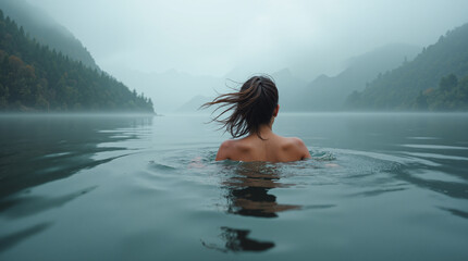 Fototapeta premium The image shows a woman swimming in a lake surrounded by trees and mountains