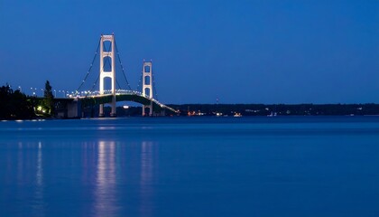 Fototapeta premium Illuminated suspension bridge over a calm, blue sea at twilight. A symbol of connection, travel, and engineering marvel. Ideal for travel, tourism, or infrastructure.