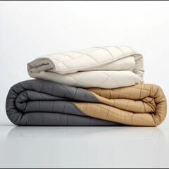 Obraz premium clean, modern product photo showing a neatly stacked set of four comforters in different colors off-white, light beige, dark gray, and warm terracotta brown placed on a flat white surface against a b