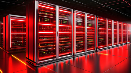 Futuristic server room with illuminated racks, showcasing advanced technology and data processing