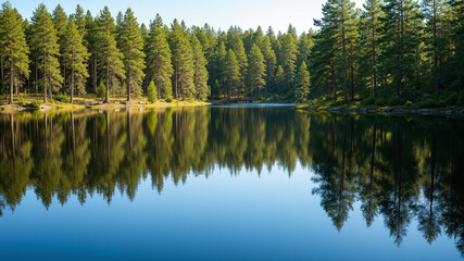 Obraz premium The image shows a large body of water surrounded by trees in the middle of a forest. The water is still and clear