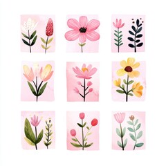 Nine watercolor flower illustrations on pink background. Each square features a unique floral design in pastel colors.
