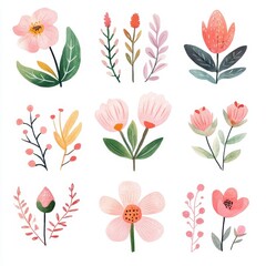 Collection of nine watercolor floral illustrations featuring pink, peach, and green flowers and foliage. Simple, elegant designs on a white background.