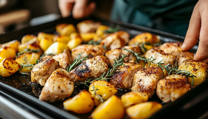 Naklejka premium Grilled chicken and lemon slices garnished with rosemary, being plated in a cozy kitchen setting