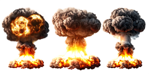 set of nuclear explosions and mushroom cloud isolated on white background PNG