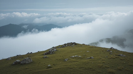 The image shows a grassy hillside with rocks and mountains in the background