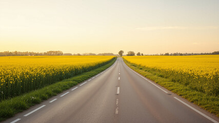 Naklejka premium The image shows a road winding through a field of bright yellow flowers