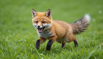 Fototapeta premium The image shows a red fox running across a lush green field with its mouth open