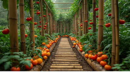 "Rich organic tones and immersive natural framing. Tomato garden path with bamboo supports. Sustainable farming environment for eco visuals and agriculture content."