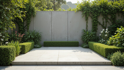 The image shows a garden with a concrete wall in the middle of it