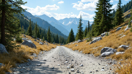 Obraz premium The image shows a dirt road winding through a mountain range