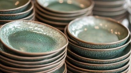 Stack of teal ceramic plates and bowls, speckled texture, kitchenware, rustic style