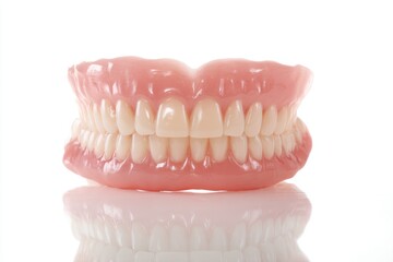 Obraz premium Full dentures showcased with detailed enamel reflection against a pristine white background in macro view